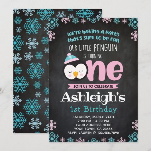 ペンギンの1歳誕生日招待状 黒板 招待状 (正面/裏面)