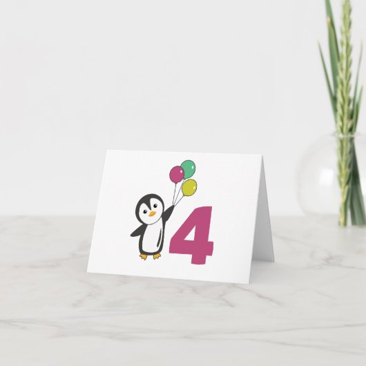 ペンギンの4歳誕生日風船 子供向け サンクス サンキューカード (正面)