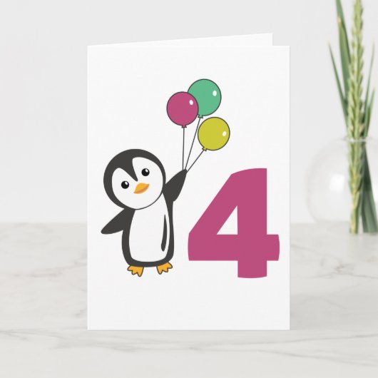 ペンギンの4歳誕生日風船 子供用カード カード (正面)