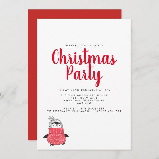 ペンギンよくはしゃぐホリデーパーティー 招待状 (正面/裏面)