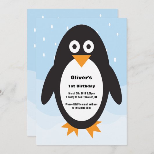 ペンギンをテーマにした誕生日の招待状 招待状 (正面/裏面)