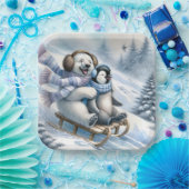 ペンギンを使ったシロクマそり ペーパープレート (パーティー)