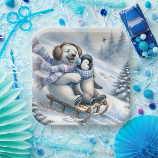 ペンギンを使ったシロクマそり ペーパープレート (パーティー)