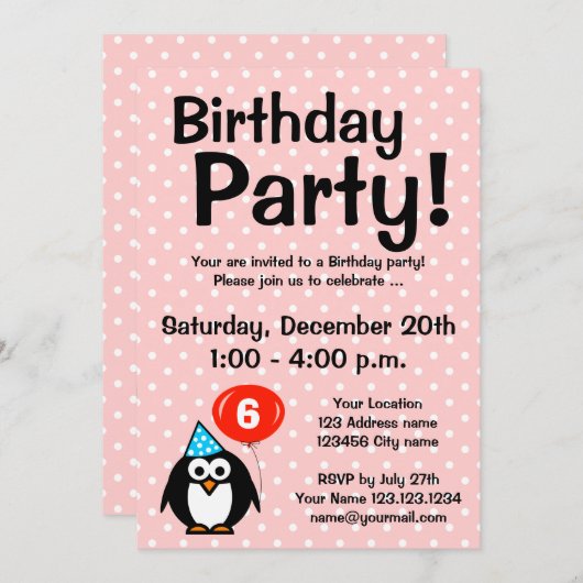 ペンギンを持つ6人おもしろいのバースデーパーティ招待状 招待状 (正面/裏面)