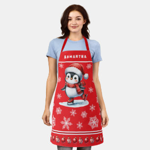ペンギンアイススケーターフェスティバルカスタムレッドクリスマス エプロン
