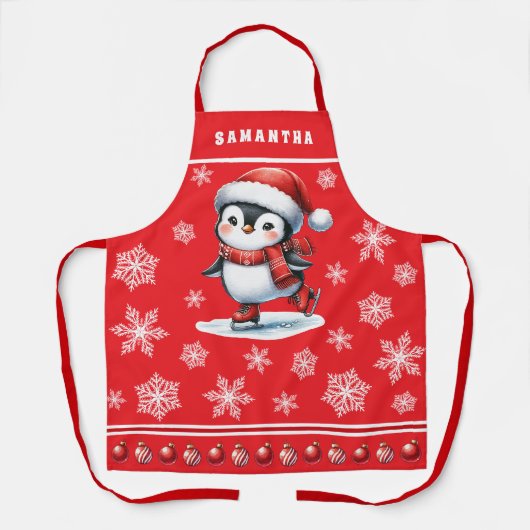 ペンギンアイススケーターフェスティバルカスタムレッドクリスマス エプロン (正面)
