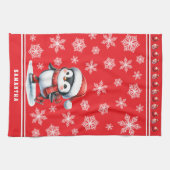 ペンギンアイススケーターフェスティバルレッドカスタムクリスマス キッチンタオル (横)