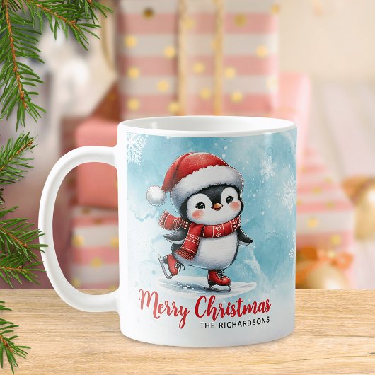 ペンギンアイススケーターブルーと赤メリークリスマス コーヒーマグカップ