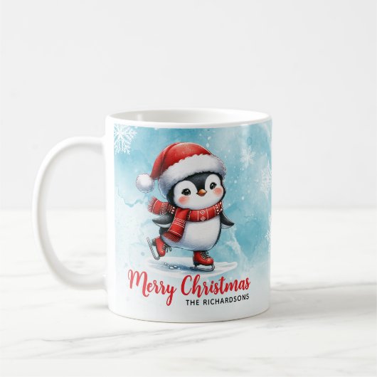 ペンギンアイススケーターブルーと赤メリークリスマス コーヒーマグカップ (左)