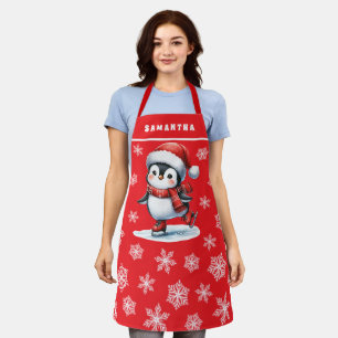 ペンギンアイススケーターモノグラムのレッドクリスマス エプロン