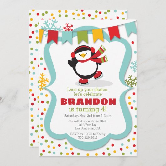 ペンギンアイススケート冬の誕生日パーティーの招待状 招待状 (正面/裏面)