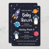 ペンギンイン宇宙ベビーシャワー宇宙ネイビー銀河系 招待状 (正面/裏面)