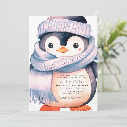 ペンギンウィンターガールベビーシャワー招待状 招待状 (スタンド正面)
