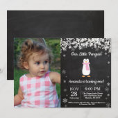 ペンギンウィンターガール誕生日写真 招待状 (正面/裏面)