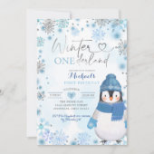 ペンギンウィンタースノーフレークスオンダーランド誕生日 招待状 (正面)