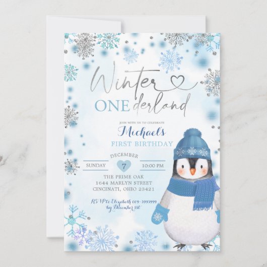 ペンギンウィンタースノーフレークスオンダーランド誕生日 招待状 (正面)