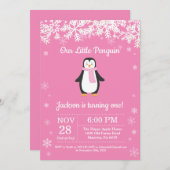 ペンギンウィンターピンク誕生日招待状 招待状 (正面/裏面)