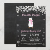 ペンギンウィンターピンク誕生日招待状 招待状 (正面/裏面)