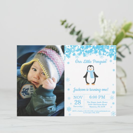 ペンギンウィンターボーイ誕生日写真 招待状 (スタンド正面)