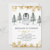 ペンギンウィンター金ゴールドスノーフレーク誕生日招待状 招待状 (正面)