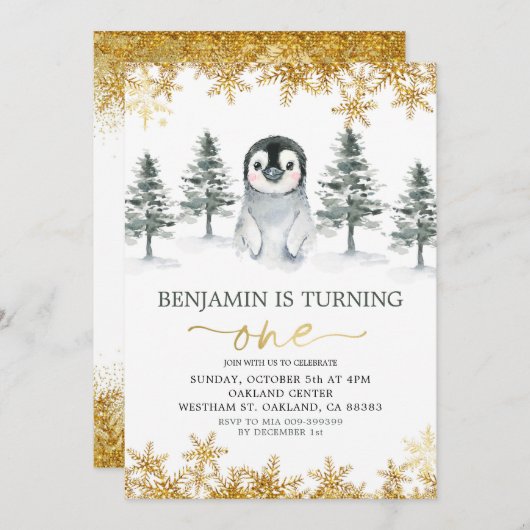 ペンギンウィンター金ゴールドスノーフレーク誕生日招待状 招待状 (正面/裏面)