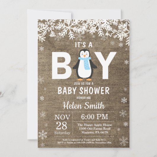 ペンギンウ素朴ィンターボーイベビーシャワー招待状 招待状 (正面)