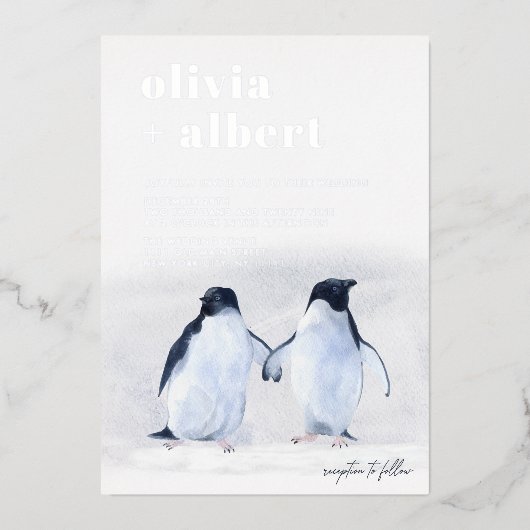 ペンギンエレガントスモダン結婚冬 箔招待状 (正面)