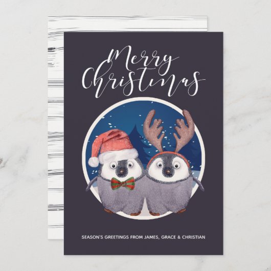 ペンギンカップルかわいいサンタとトナカイのクリスマス シーズンカード (正面/裏面)