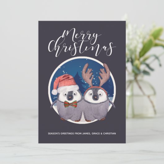 ペンギンカップルかわいいサンタとトナカイのクリスマス シーズンカード (スタンド正面)