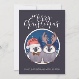ペンギンカップルかわいいサンタとトナカイのクリスマス シーズンカード