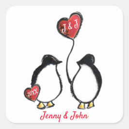 ペンギンカップルとハートバ結婚ルーズ スクエアシール