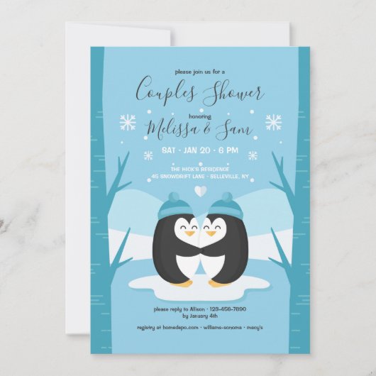 ペンギンカップルのシャワー招待状 招待状 (正面)