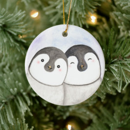 ペンギンカップル初めてのクリスマスのカスタム セラミックオーナメント