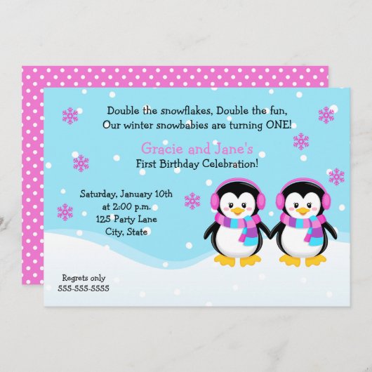 ペンギンガールツインズ誕生日招待状 招待状 (正面/裏面)