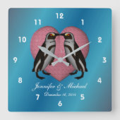 ペンギンキスをするピンクハート結婚ズ スクエア壁時計 (正面)