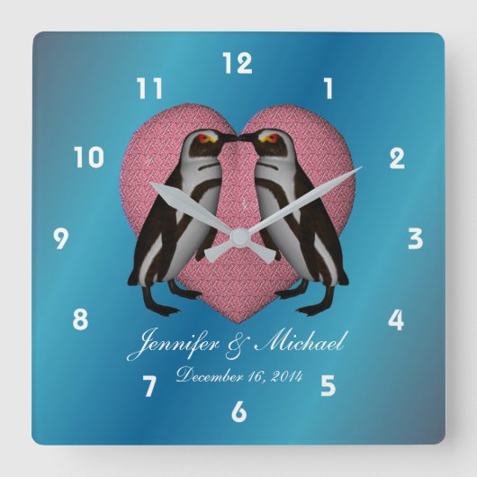 ペンギンキスをするピンクハート結婚ズ スクエア壁時計 (正面)