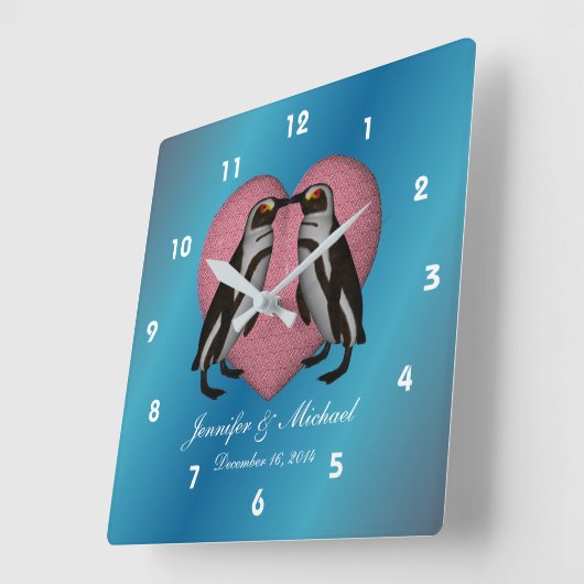 ペンギンキスをするピンクハート結婚ズ スクエア壁時計 (傾斜)