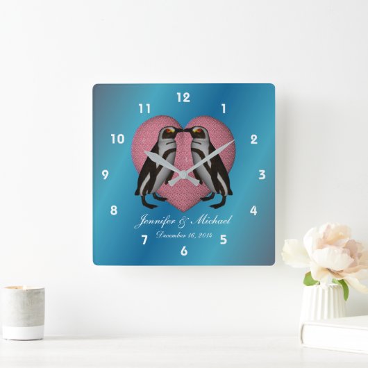 ペンギンキスをするピンクハート結婚ズ スクエア壁時計 (ホーム)