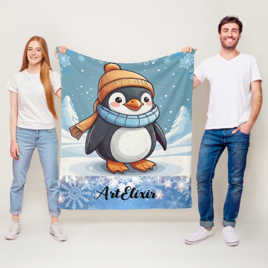 ペンギンキュートかわいいブラウンキャッププリント フリースブランケット (インサイチュ)