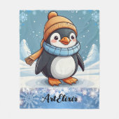ペンギンキュートかわいいブラウンキャッププリント フリースブランケット (正面)