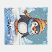 ペンギンキュートかわいいブラウンキャッププリント フリースブランケット (正面(横))