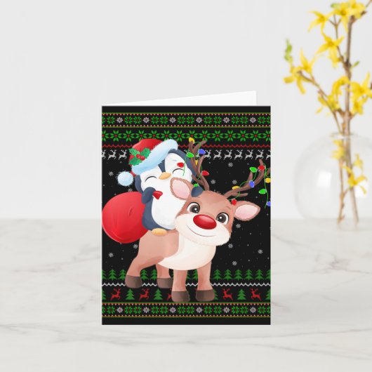 ペンギンクリスマスセータースタイル醜いサンタペンギンChri カード (黄色い花)