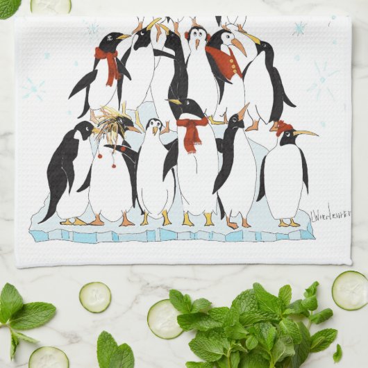 ペンギンクリスマスツリー漫画イラストレーション キッチンタオル (折り畳み)
