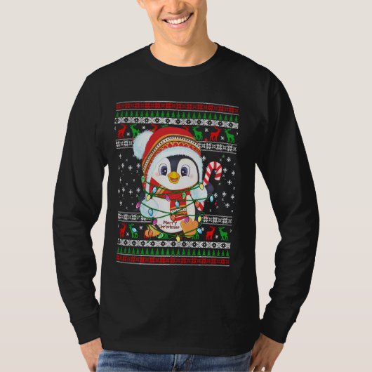 ペンギンクリスマスライトサンタハット醜いクリスマス Tシャツ (正面)