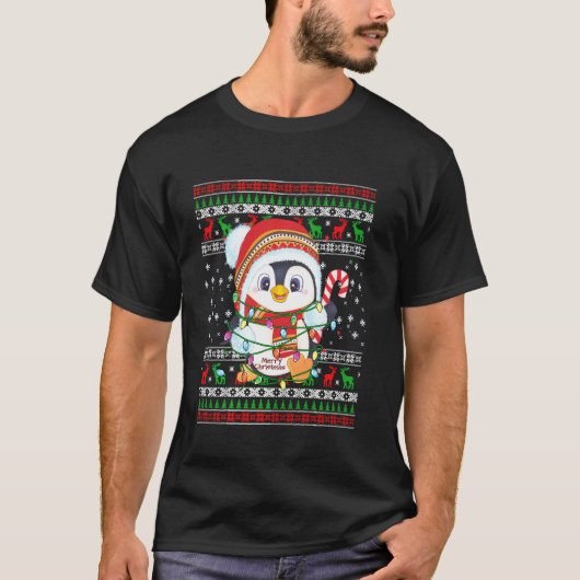 ペンギンクリスマスライトサンタハット醜いクリスマス Tシャツ (正面)