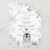 ペンギンクリーミー白いスノーフレークフローラベビーシャワー 招待状 (正面/裏面)