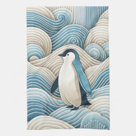 ペンギンクリームブルー抽象芸術波 キッチンタオル