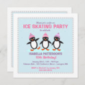 ペンギンクール氷スケートで滑る誕生日パーティーの招待 招待状 (正面/裏面)