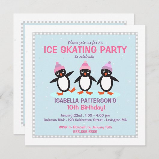 ペンギンクール氷スケートで滑る誕生日パーティーの招待 招待状 (正面/裏面)
