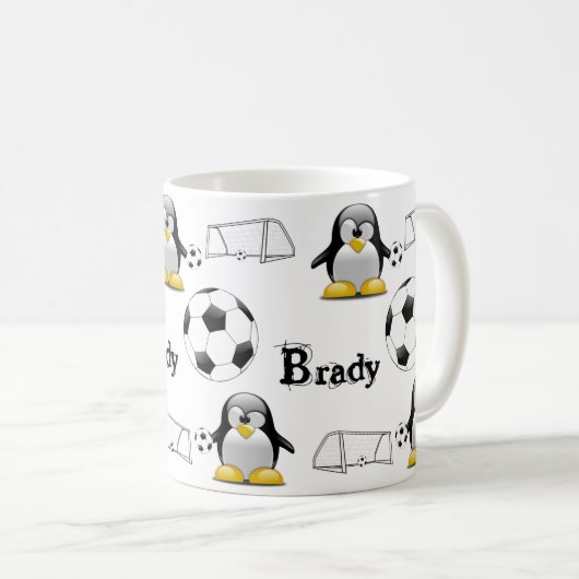 ペンギンサッカーボールおもしろいマグカップ コーヒーマグカップ (正面右)